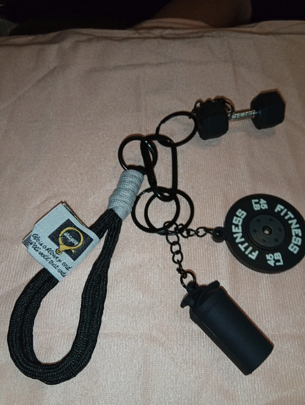 Unbranded Black Fitness Keychain Set with Dumbbell & Bottle Charms